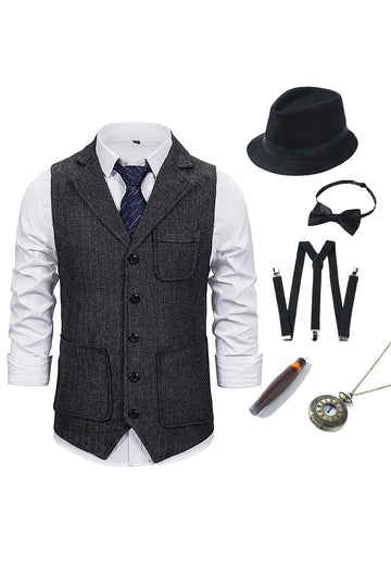 Chaleco de solapa con muescas gris oscuro para hombre con conjunto de accesorios de 5 piezas